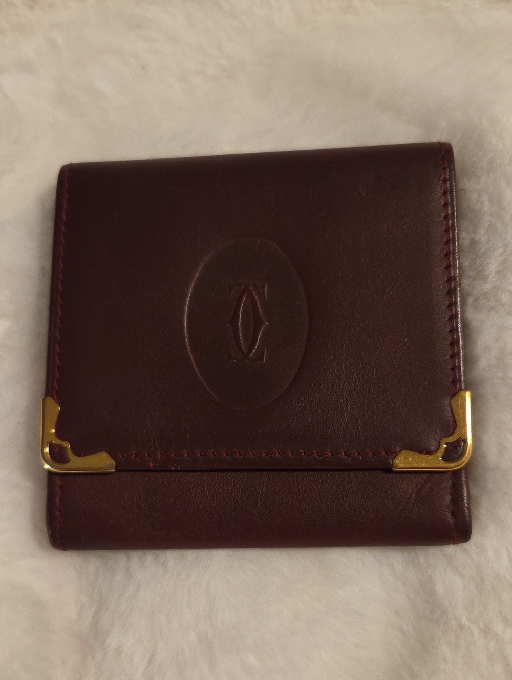 Vintage Cartier Burgundy Leather Wallet with Gold Corner Accents
